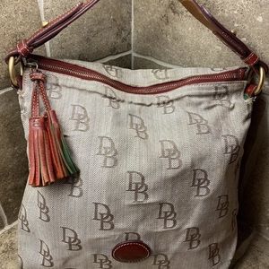 Dooney & Bourke Signature Khaki Red Canvas Tassel Shoulder Bag BEST DEAL!